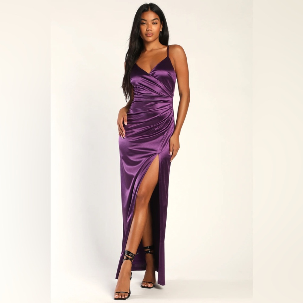 Lulus Magic Memories Purple Satin Sleeveless Maxi Dress formal gown thigh slit